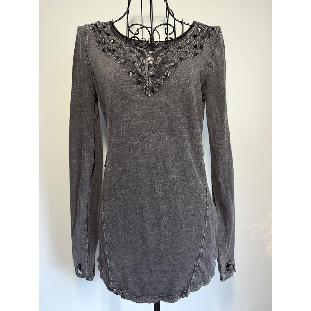 Free People Charcoal Gray Eyelet Long Sleeve Cotton Top Acid Wash Boho S